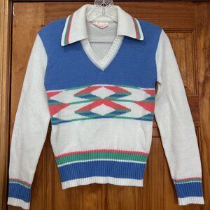 Vintage Virgin Acrylic A Fashion Import 1970s Sweater Argyle Blue Green Coral S